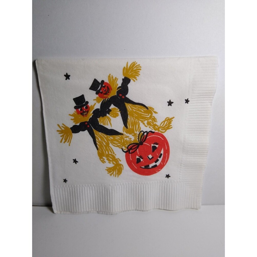 Vintage Halloween Paper Napkin Jack O'Lantern Scarecrow Black Gold Red 5" x 5"
